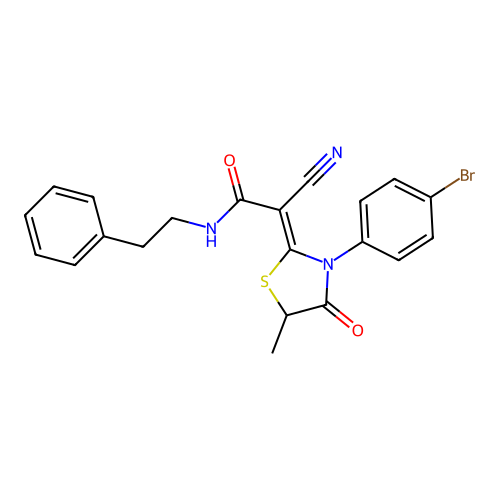 2-[3-(4-bromophenyl)-5-methyl-4-oxo-1,3-thiazolidin-2-ylidene]-2-cyano-N-(2-phenylethyl)acetamide structure