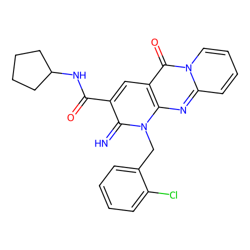 1-(2-chlorobenzyl)-N-cyclopentyl-2-imino-5-oxo-1,5-dihydro-2H-dipyrido[1,2-a:2',3'-d]pyrimidine-3-carboxamide structure