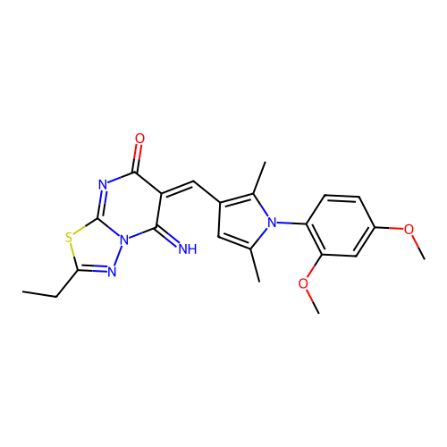 (6E)-6-[[1-(2,4-dimethoxyphenyl)-2,5-dimethylpyrrol-3-yl]methylidene]-2-ethyl-5-imino-[1,3,4]thiadiazolo[3,2-a]pyrimidin-7-one structure