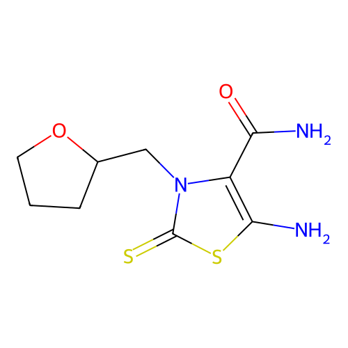 5-amino-3-(oxolan-2-ylmethyl)-2-sulfanylidene-1,3-thiazole-4-carboxamide structure