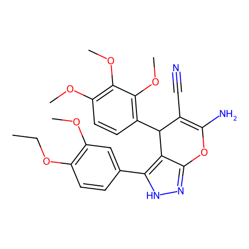 6-amino-3-(4-ethoxy-3-methoxyphenyl)-4-(2,3,4-trimethoxyphenyl)-2,4-dihydropyrano[2,3-c]pyrazole-5-carbonitrile structure