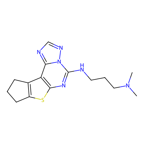 N'-(9,10-dihydro-8H-cyclopenta[4,5]thieno[3,2-e][1,2,4]triazolo[1,5-c]pyrimidin-5-yl)-N,N-dimethylpropane-1,3-diamine structure