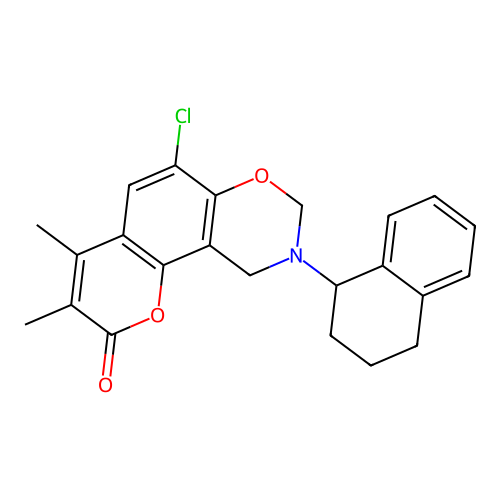 6-chloro-3,4-dimethyl-9-(1,2,3,4-tetrahydronaphthalen-1-yl)-8,10-dihydropyrano[2,3-f][1,3]benzoxazin-2-one structure