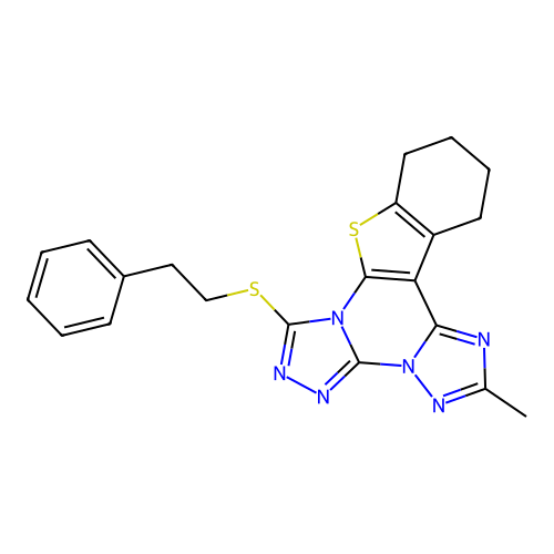 2-methyl-7-(phenethylthio)-10,11,12,13-tetrahydrobenzo[4,5]thieno[3,2-e]bis([1,2,4]triazolo)[4,3-a:1',5'-c]pyrimidine structure