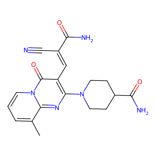 (E)-1-(3-(3-amino-2-cyano-3-oxoprop-1-en-1-yl)-9-methyl-4-oxo-4H-pyrido[1,2-a]pyrimidin-2-yl)piperidine-4-carboxamide structure