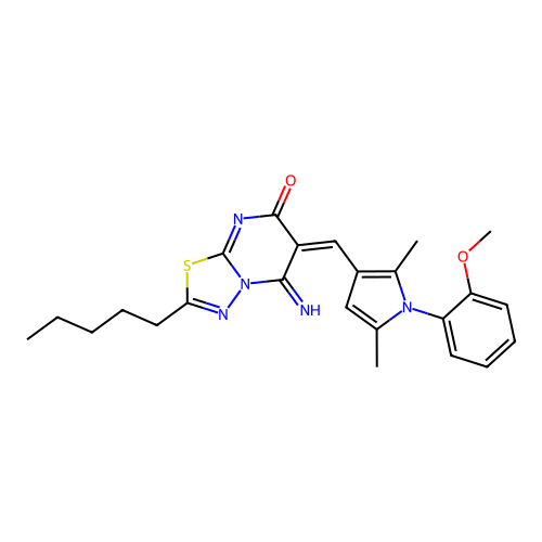 (6E)-5-imino-6-[[1-(2-methoxyphenyl)-2,5-dimethylpyrrol-3-yl]methylidene]-2-pentyl-[1,3,4]thiadiazolo[3,2-a]pyrimidin-7-one structure