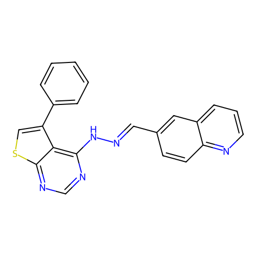 6-{(E)-[2-(5-phenylthieno[2,3-d]pyrimidin-4-yl)hydrazinylidene]methyl}quinoline structure