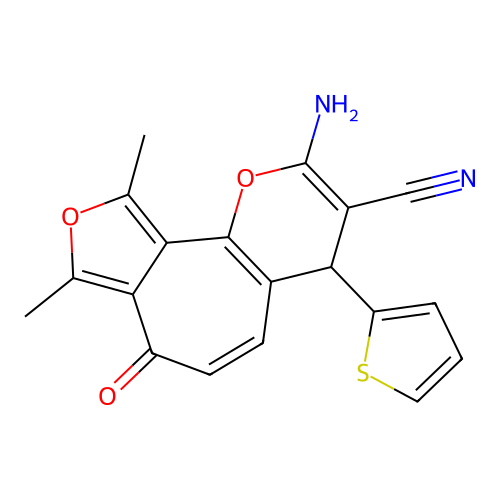 2-amino-8,10-dimethyl-7-oxo-4-(thiophen-2-yl)-4,7-dihydrofuro[3',4':6,7]cyclohepta[1,2-b]pyran-3-carbonitrile structure