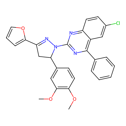 6-chloro-2-(5-(3,4-dimethoxyphenyl)-3-(furan-2-yl)-4,5-dihydro-1H-pyrazol-1-yl)-4-phenylquinazoline structure