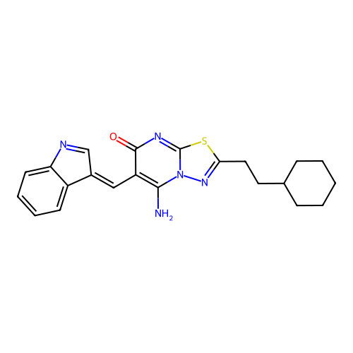 (6Z)-2-(2-cyclohexylethyl)-5-imino-6-(1H-indol-3-ylmethylidene)-5,6-dihydro-7H-[1,3,4]thiadiazolo[3,2-a]pyrimidin-7-one structure