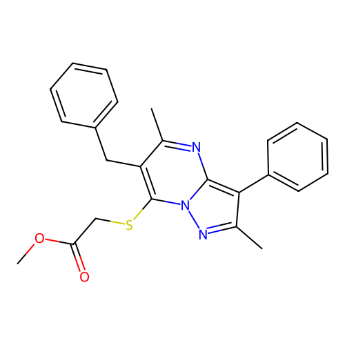 methyl [(6-benzyl-2,5-dimethyl-3-phenylpyrazolo[1,5-a]pyrimidin-7-yl)sulfanyl]acetate structure