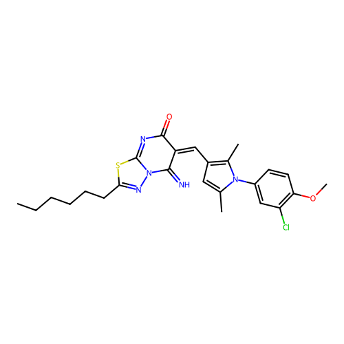 (6E)-6-[[1-(3-chloro-4-methoxyphenyl)-2,5-dimethylpyrrol-3-yl]methylidene]-2-hexyl-5-imino-[1,3,4]thiadiazolo[3,2-a]pyrimidin-7-one structure