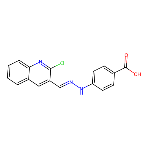 4-{(2E)-2-[(2-chloroquinolin-3-yl)methylidene]hydrazinyl}benzoic acid structure