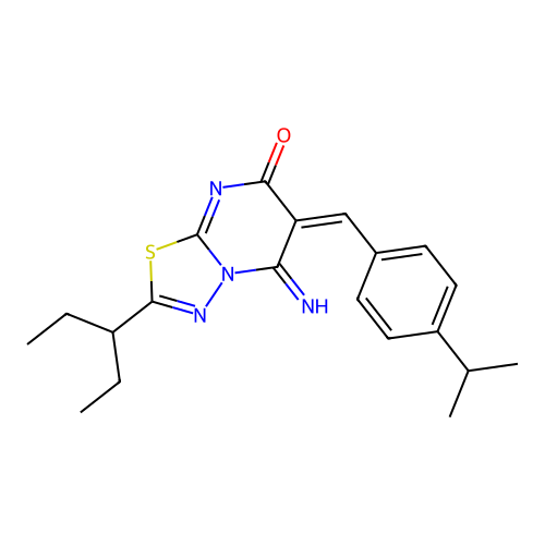 (E)-5-imino-6-(4-isopropylbenzylidene)-2-(pentan-3-yl)-5H-[1,3,4]thiadiazolo[3,2-a]pyrimidin-7(6H)-one structure