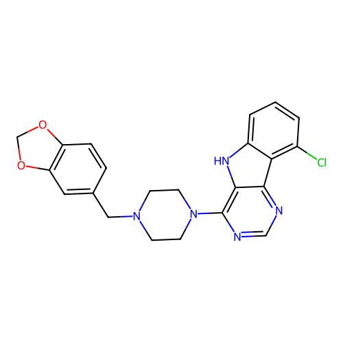 4-[4-(1,3-benzodioxol-5-ylmethyl)piperazin-1-yl]-9-chloro-5H-pyrimido[5,4-b]indole structure