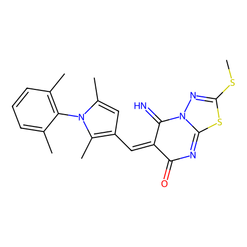 (6E)-6-[[1-(2,6-dimethylphenyl)-2,5-dimethylpyrrol-3-yl]methylidene]-5-imino-2-methylsulfanyl-[1,3,4]thiadiazolo[3,2-a]pyrimidin-7-one structure