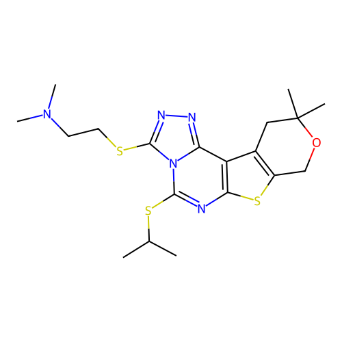 2-((5-(isopropylthio)-10,10-dimethyl-10,11-dihydro-8H-pyrano[4',3':4,5]thieno[3,2-e][1,2,4]triazolo[4,3-c]pyrimidin-3-yl)thio)-N,N-dimethylethanamine structure