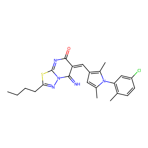(6E)-2-butyl-6-[[1-(5-chloro-2-methylphenyl)-2,5-dimethylpyrrol-3-yl]methylidene]-5-imino-[1,3,4]thiadiazolo[3,2-a]pyrimidin-7-one structure