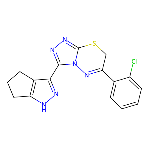 6-(2-chlorophenyl)-3-(1,4,5,6-tetrahydrocyclopenta[c]pyrazol-3-yl)-7H-[1,2,4]triazolo[3,4-b][1,3,4]thiadiazine structure