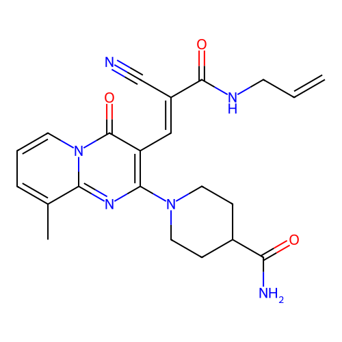 (E)-1-(3-(3-(allylamino)-2-cyano-3-oxoprop-1-en-1-yl)-9-methyl-4-oxo-4H-pyrido[1,2-a]pyrimidin-2-yl)piperidine-4-carboxamide structure