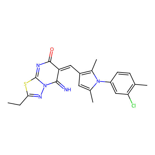 (6E)-6-[[1-(3-chloro-4-methylphenyl)-2,5-dimethylpyrrol-3-yl]methylidene]-2-ethyl-5-imino-[1,3,4]thiadiazolo[3,2-a]pyrimidin-7-one structure