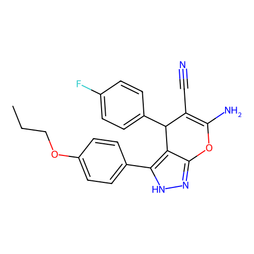 6-amino-4-(4-fluorophenyl)-3-(4-propoxyphenyl)-2,4-dihydropyrano[2,3-c]pyrazole-5-carbonitrile structure
