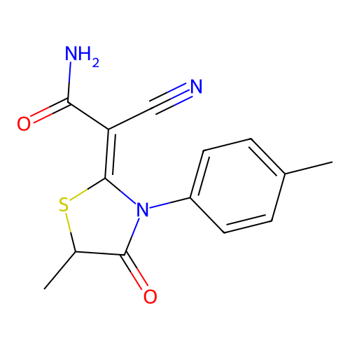 (Z)-2-cyano-2-(5-methyl-4-oxo-3-(p-tolyl)thiazolidin-2-ylidene)acetamide structure