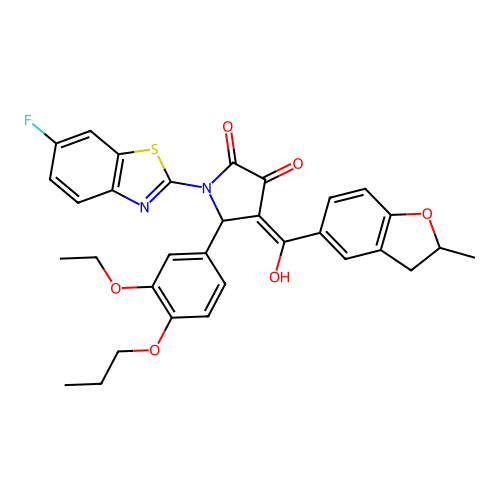 (4E)-5-(3-ethoxy-4-propoxyphenyl)-1-(6-fluoro-1,3-benzothiazol-2-yl)-4-[hydroxy(2-methyl-2,3-dihydro-1-benzofuran-5-yl)methylidene]pyrrolidine-2,3-dione structure