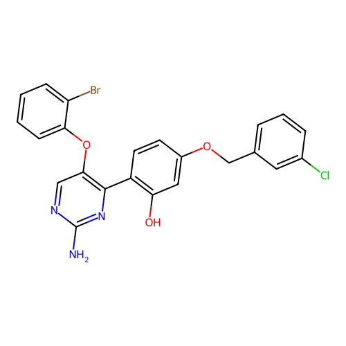 2-[2-Amino-5-(2-bromophenoxy)pyrimidin-4-yl]-5-[(3-chlorophenyl)methoxy]phenol structure