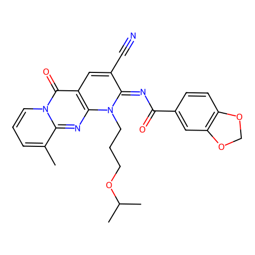 (E)-N-(3-cyano-1-(3-isopropoxypropyl)-10-methyl-5-oxo-1H-dipyrido[1,2-a:2',3'-d]pyrimidin-2(5H)-ylidene)benzo[d][1,3]dioxole-5-carboxamide structure