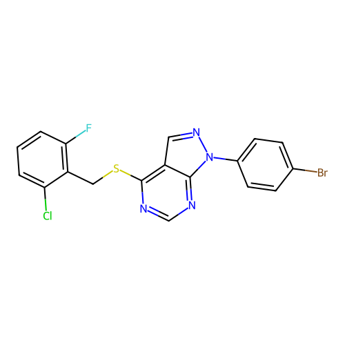 1-(4-bromophenyl)-4-((2-chloro-6-fluorobenzyl)thio)-1H-pyrazolo[3,4-d]pyrimidine structure