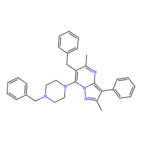 6-benzyl-7-(4-benzylpiperazin-1-yl)-2,5-dimethyl-3-phenylpyrazolo[1,5-a]pyrimidine structure
