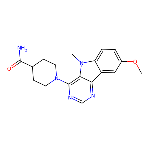 1-(8-methoxy-5-methyl-5H-pyrimido[5,4-b]indol-4-yl)piperidine-4-carboxamide structure