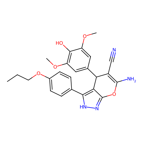 6-amino-4-(4-hydroxy-3,5-dimethoxyphenyl)-3-(4-propoxyphenyl)-2,4-dihydropyrano[2,3-c]pyrazole-5-carbonitrile structure