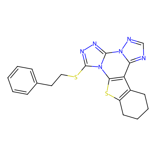 7-[(2-phenylethyl)sulfanyl]-10,11,12,13-tetrahydro[1]benzothieno[3,2-e]bis[1,2,4]triazolo[4,3-a:1',5'-c]pyrimidine structure