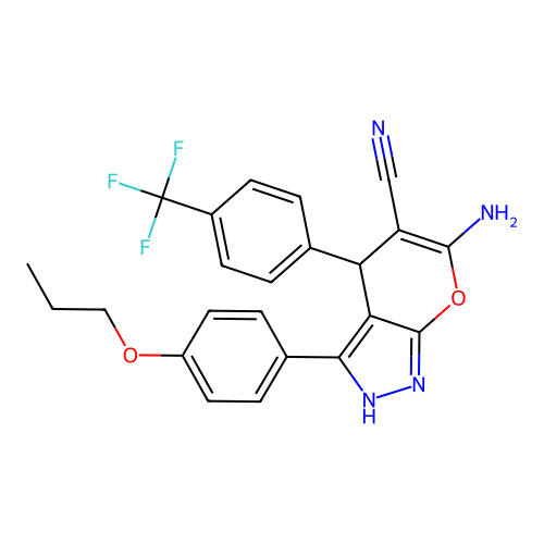 6-amino-3-(4-propoxyphenyl)-4-[4-(trifluoromethyl)phenyl]-2,4-dihydropyrano[2,3-c]pyrazole-5-carbonitrile structure