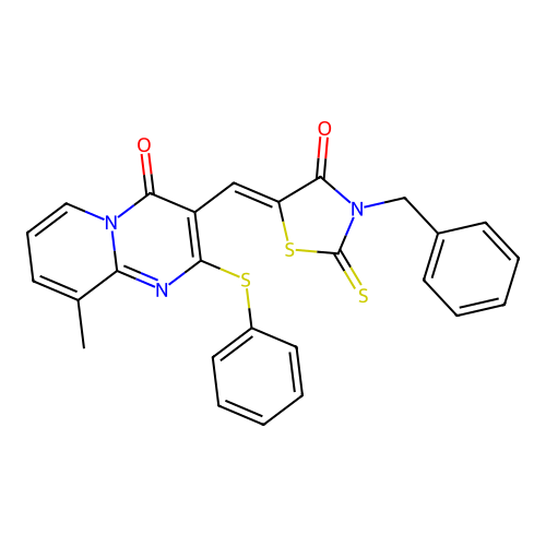 3-[(Z)-(3-benzyl-4-oxo-2-thioxo-1,3-thiazolidin-5-ylidene)methyl]-9-methyl-2-(phenylsulfanyl)-4H-pyrido[1,2-a]pyrimidin-4-one structure