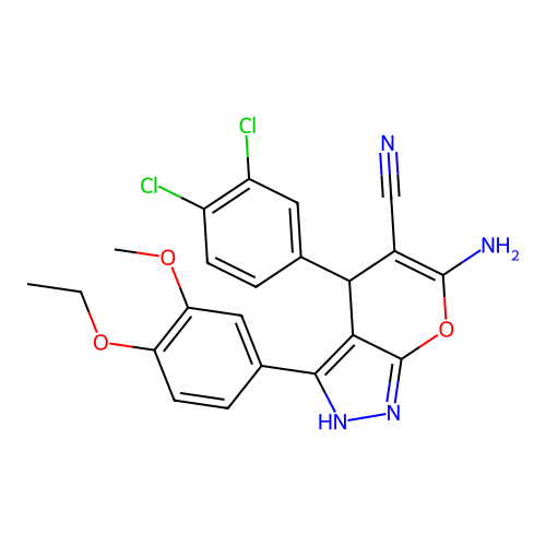 6-amino-4-(3,4-dichlorophenyl)-3-(4-ethoxy-3-methoxyphenyl)-2,4-dihydropyrano[2,3-c]pyrazole-5-carbonitrile structure