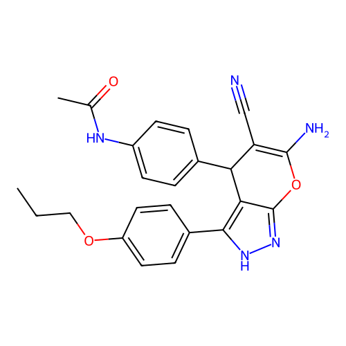N-(4-(6-amino-5-cyano-3-(4-propoxyphenyl)-1,4-dihydropyrano[2,3-c]pyrazol-4-yl)phenyl)acetamide structure