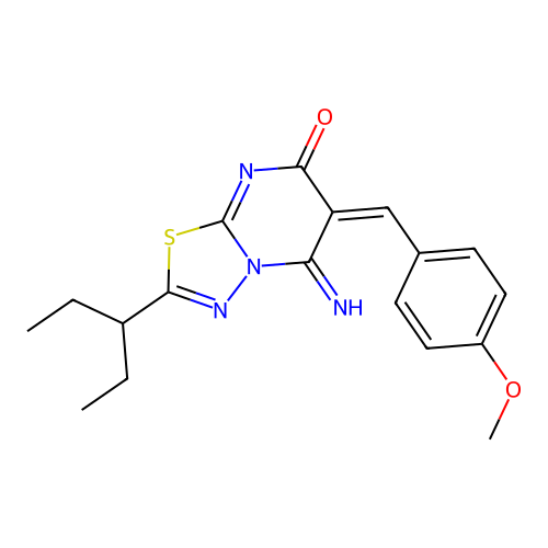 (E)-5-imino-6-(4-methoxybenzylidene)-2-(pentan-3-yl)-5H-[1,3,4]thiadiazolo[3,2-a]pyrimidin-7(6H)-one structure