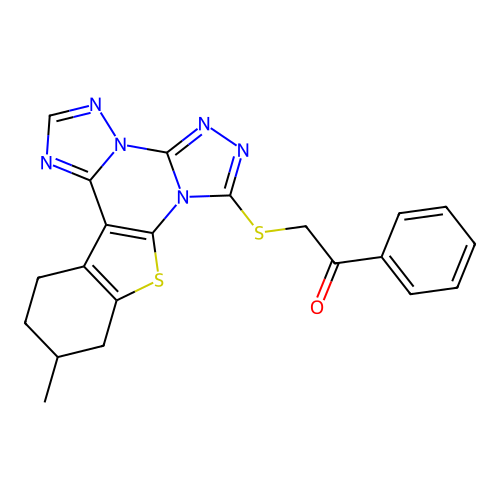 2-((11-methyl-10,11,12,13-tetrahydrobenzo[4,5]thieno[3,2-e]bis([1,2,4]triazolo)[4,3-a:1',5'-c]pyrimidin-7-yl)thio)-1-phenylethanone structure
