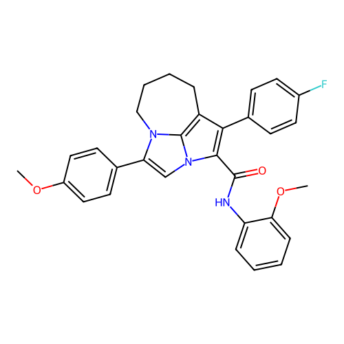 1-(4-fluorophenyl)-N-(2-methoxyphenyl)-4-(4-methoxyphenyl)-5,6,7,8-tetrahydro-2a,4a-diazacyclopenta[cd]azulene-2-carboxamide structure