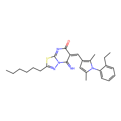 (E)-6-((1-(2-ethylphenyl)-2,5-dimethyl-1H-pyrrol-3-yl)methylene)-2-hexyl-5-imino-5H-[1,3,4]thiadiazolo[3,2-a]pyrimidin-7(6H)-one structure