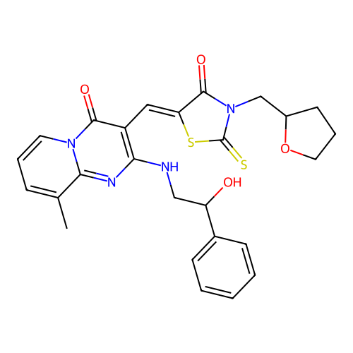 2-[(2-hydroxy-2-phenylethyl)amino]-9-methyl-3-{(Z)-[4-oxo-3-(tetrahydrofuran-2-ylmethyl)-2-thioxo-1,3-thiazolidin-5-ylidene]methyl}-4H-pyrido[1,2-a]pyrimidin-4-one structure