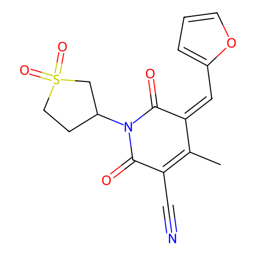 1-(1,1-dioxo-1lambda6-thiolan-3-yl)-5-[(furan-2-yl)methylidene]-4-methyl-2,6-dioxo-1,2,5,6-tetrahydropyridine-3-carbonitrile structure