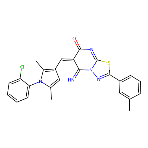 (E)-6-((1-(2-chlorophenyl)-2,5-dimethyl-1H-pyrrol-3-yl)methylene)-5-imino-2-(m-tolyl)-5H-[1,3,4]thiadiazolo[3,2-a]pyrimidin-7(6H)-one structure