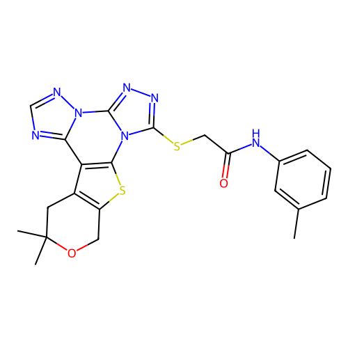 2-((12,12-dimethyl-12,13-dihydro-10H-pyrano[4',3':4,5]thieno[3,2-e]bis([1,2,4]triazolo)[4,3-a:1',5'-c]pyrimidin-7-yl)thio)-N-(m-tolyl)acetamide structure