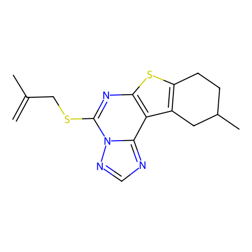 10-methyl-5-((2-methylallyl)thio)-8,9,10,11-tetrahydrobenzo[4,5]thieno[3,2-e][1,2,4]triazolo[1,5-c]pyrimidine structure