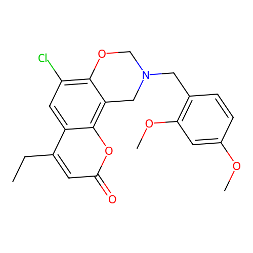6-chloro-9-(2,4-dimethoxybenzyl)-4-ethyl-9,10-dihydro-2H,8H-chromeno[8,7-e][1,3]oxazin-2-one structure