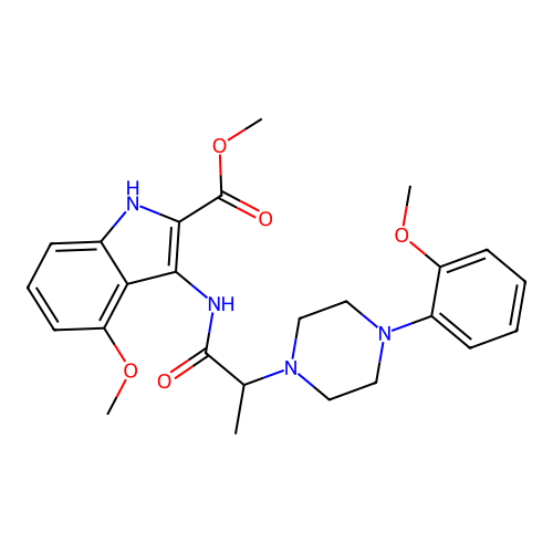 Methyl 4-methoxy-3-[2-[4-(2-methoxyphenyl)piperazin-1-yl]propanoylamino]-1H-indole-2-carboxylate structure